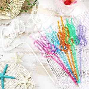Colorful novelty gourd and bride shape plastic drinking straws, perfect for beach party decor.