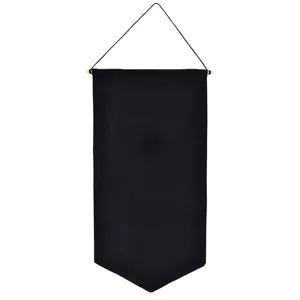 Black canvas wall banner detail view, blank pin display pennant featuring wooden stick and string.