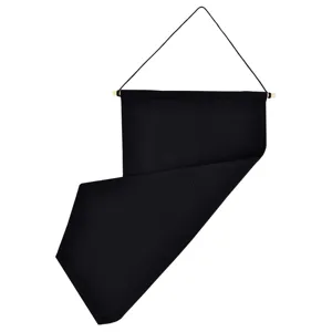 Black canvas pin display banner detail with wooden dowel and hanging cord for wall decor.