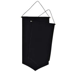 Black canvas banner detail featuring dual hanging flags with wooden dowels for pin display.