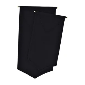 Close-up detail of black canvas badge display banner with wooden rod and hanging string.