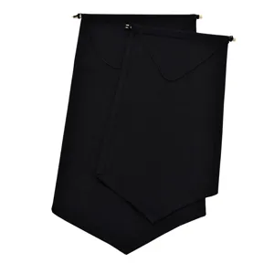 Detail view of black canvas pin display banner with wooden rod for brooch collection and decor.