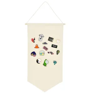 Canvas enamel pin display banner large badge collection hanging board with wooden dowel.