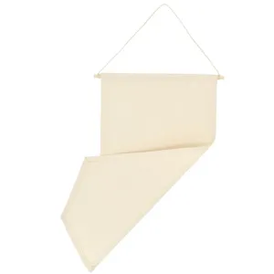 Canvas banner detail view showing fabric texture and wooden hanging rod for brooch display
