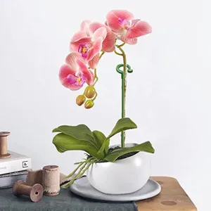 Detailed view of the green plant support stake holding up the beautiful artificial orchid flower.