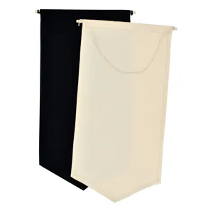 Close-up detail of the canvas badge display banner with wooden rod, neutral home decor.