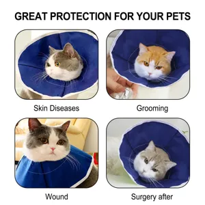 Close-up detail of blue pet recovery collar for cats, showing wound care and grooming use.