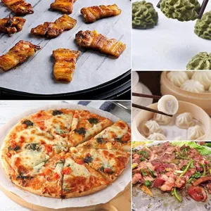 Round silicone oil paper for baking, heat resistant parchment paper for air fryer and oven cooking.