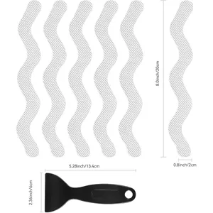 Transparent anti-slip strips and scraper set for bathtub, shower, stairs, safe and easy use.