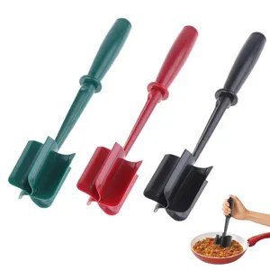 Durable plastic meat chopper set in three colors, ideal for breaking up ground beef and salad.