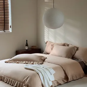 Cotton bedding set with elegant ruffle design solid color four piece duvet cover set home.