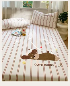 Cute puppy embroidered striped cotton bed sheet and pillowcase set for cozy bedroom decor.