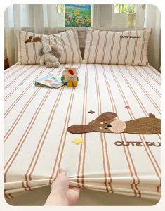 Cute puppy embroidered striped cotton fitted sheet and pillowcase bedding set detail view.