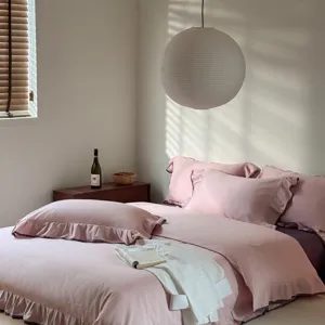 Pink ruffled duvet cover set cotton bedding set solid color breathable soft bedroom decor