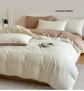 Minimalist cotton jacquard bedding set 4-piece, elegant beige and khaki tone for home bedroom.