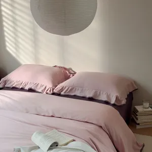 Pink cotton bedding set with ruffles, solid color duvet cover and sheet for all seasons.