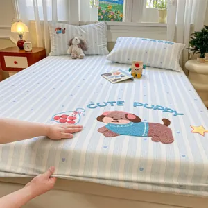 Pure Cotton Towel Embroidery Fitted Sheet Cartoon Animal Pattern Bed Sheet Pillowcase Bedding Set
