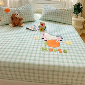 Green checkered bed sheet set with cute horse embroidery, soft cotton bedding for bedroom decor.