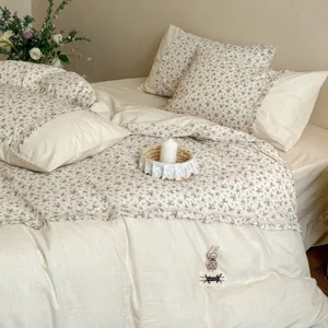 Cotton linen floral bedding set French vintage 4 pieces quilt cover bed sheet main view