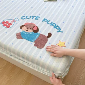 Cute puppy towel embroidered cotton fitted sheet, blue striped bedding for student dormitory.