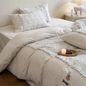 French style floral cotton linen bedding set with ruffles, elegant duvet cover and sheets.