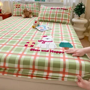 Cotton fitted sheet with cute polar bear towel embroidery, cozy green orange plaid bed linen