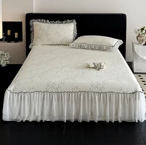 Korean style jacquard cooling bed skirt three-piece set with ruffles and seersucker texture.
