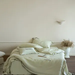 Lyocell silk-like cooling bed sheet set, premium sand-washed soft solid color bedding.