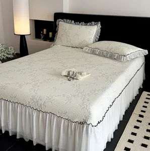 Exquisite Korean cooling ice silk bed skirt detail, delicate lace trim and breathable bubble texture.
