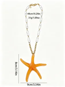 Detail of beach-style starfish necklace with faux pearls and dimensions (49cm/31g)