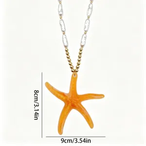 Beach style colorful orange starfish pendant necklace with faux pearls and gold beads