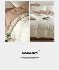 Cotton jacquard bedding set detail showing soft fabric texture and elegant geometric stripes.