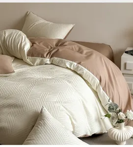 Luxurious cotton jacquard 4-piece bedding set, elegant beige and brown design for cozy bedroom.
