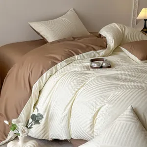 Cotton jacquard 4-piece bedding set, brown and beige striped design for bedroom main view.