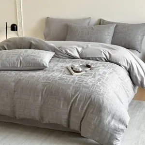Grey cotton jacquard 4-piece bedding set, comfortable soft duvet cover, sheet and pillowcases.
