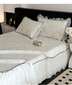 Detail shot of Korean style ice silk cooling mat bed skirt three piece set with delicate floral frills