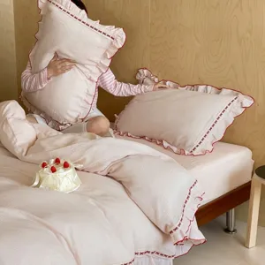 Estilo Princesa Lindo Lazo Volante Gasa de Algodón Arrugada Juego de Cama Funda Nórdica Sábana Fundas de Almohada