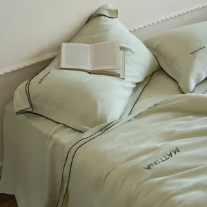 Luxurious washed tencel bedding set sage green silky smooth soft lyocell fabric detail view