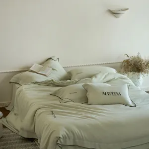 Luxury sand-washed tencel lyocell 4-piece bedding set sage green silky cool soft feel