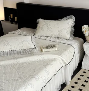 Detailed view of a Korean-style pleated cooling ice silk bed skirt set with delicate floral lace.