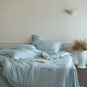 Detail shot of light blue lyocell bed linen set showing soft fabric texture and piping.