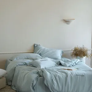 High-end sand-washed Tencel bedding set detail, solid blue smooth lyocell fabric, luxury style.