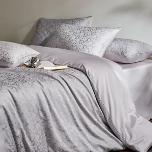 Luxurious grey cotton jacquard 4-piece bedding set with breathable fabric and elegant floral.