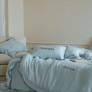 Detail view of light blue lyocell Tencel bedding set with soft silky touch and elegant trim.