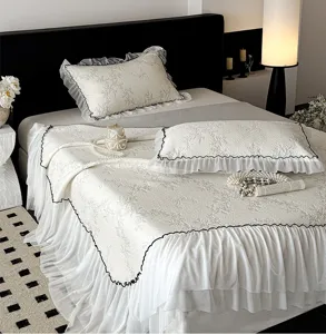 Exquisite Korean style embossed cooling ice silk bed skirt set detail view, elegant.