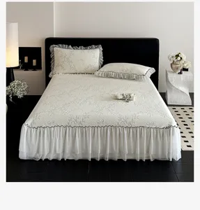 Korean style jacquard cooling ice silk bed skirt detail, elegant ruffled summer bedding set.
