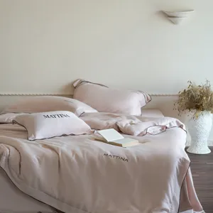 Detailed view of luxury washed tencel bedding set in soft pink, smooth and silky touch.