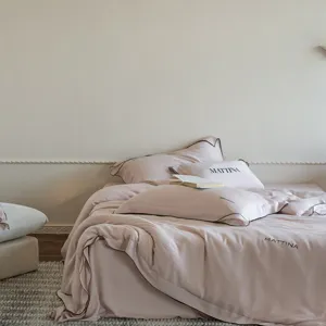 Sand-washed Tencel bedding set detail, solid color lyocell fiber, silky soft fabric, luxury style.