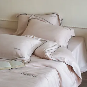 Luxurious tencel washed bedding set detail, smooth lyocell fabric pillowcase with chic piping.