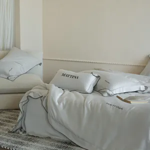 Detail view of smooth Tencel bedding set featuring elegant black piping and minimalist style.